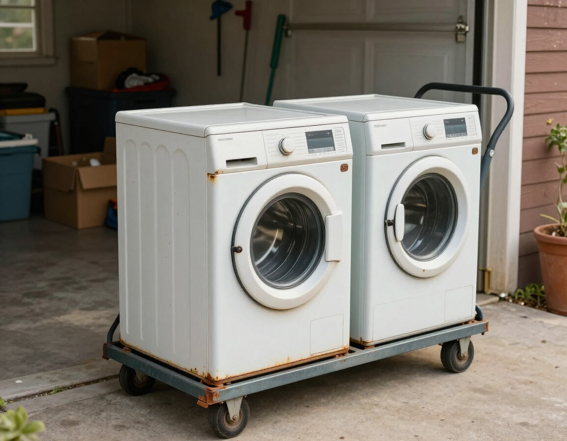Two white front-loading washing machines on a dolly in a garage driveway