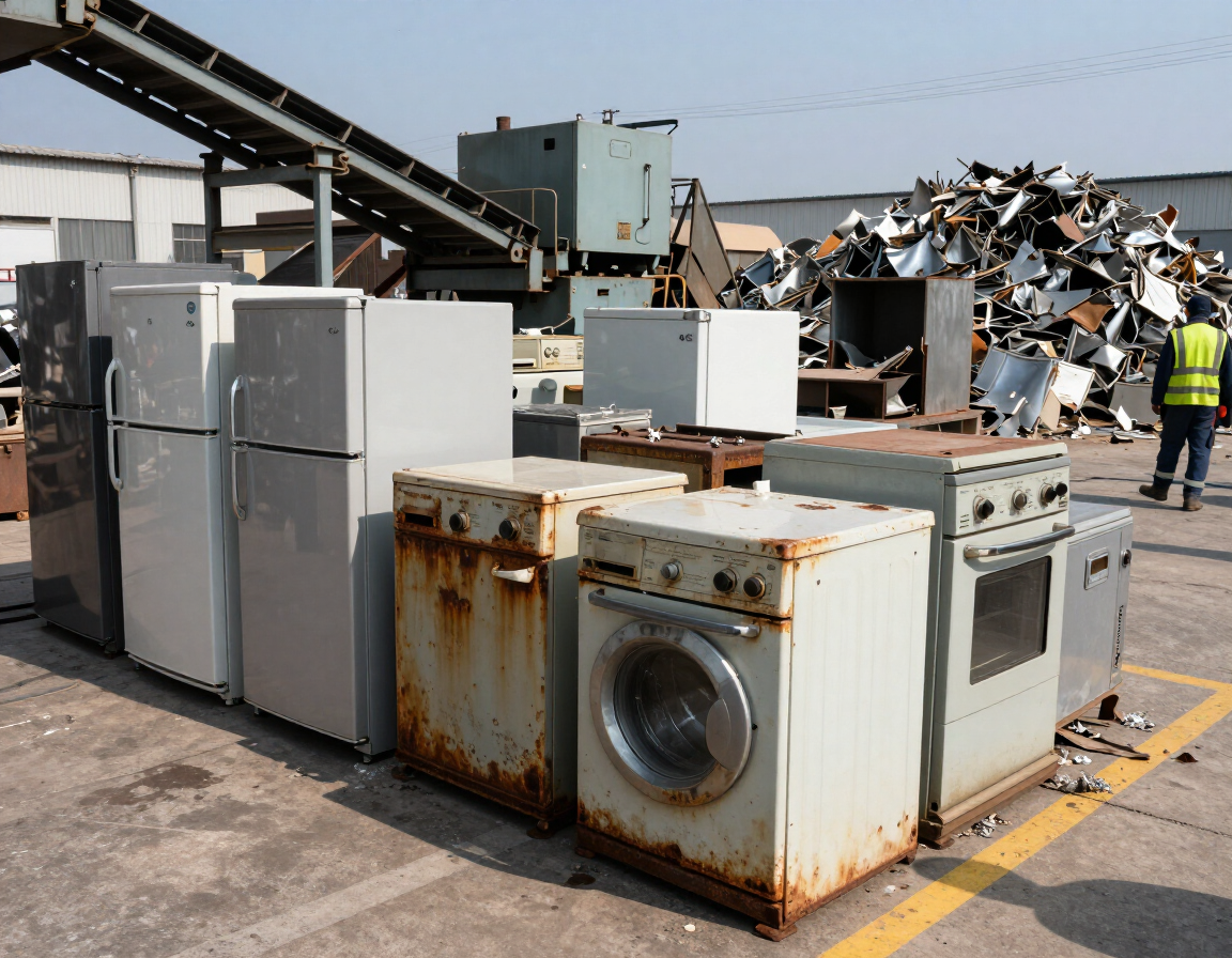 Old refrigerators, ovens, and washing machines stacked at a scrapyard with workers in the background