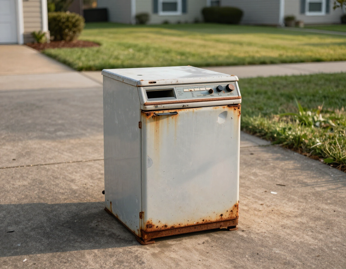 Rusty white metal box on a driveway near a suburban lawn and sidewalk.
