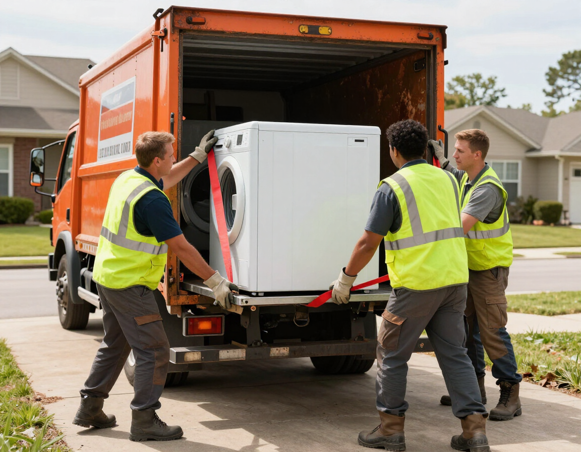 Workers in safety vests loading a white appliance into an orange moving truck on a suburban street