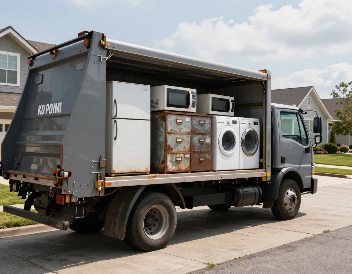 Delivery truck loaded with appliances parked on a suburban street