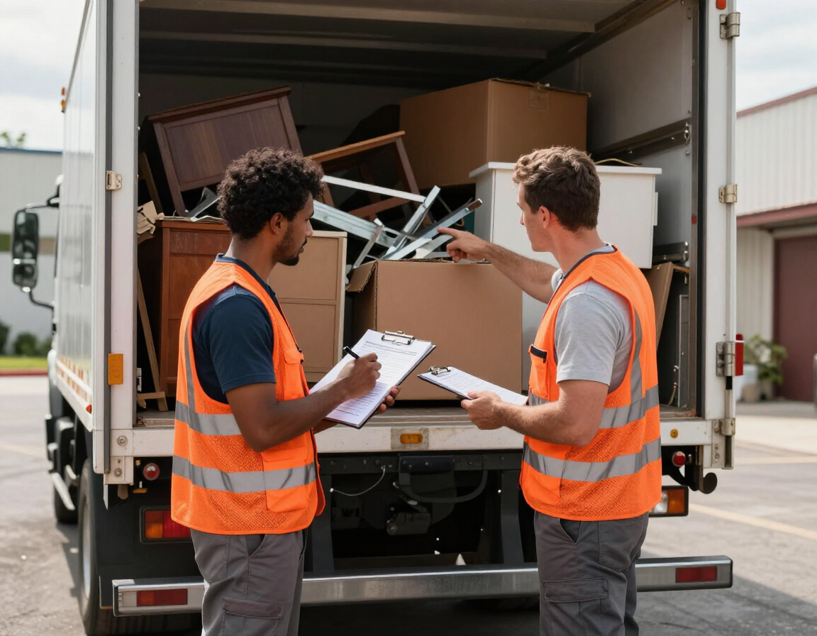 Junk removal crew reviewing a single honest estimate with no hidden fees