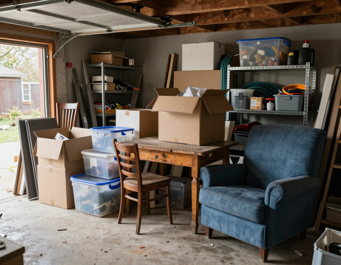Cluttered garage full of boxes and old furniture ready for a cleanout
