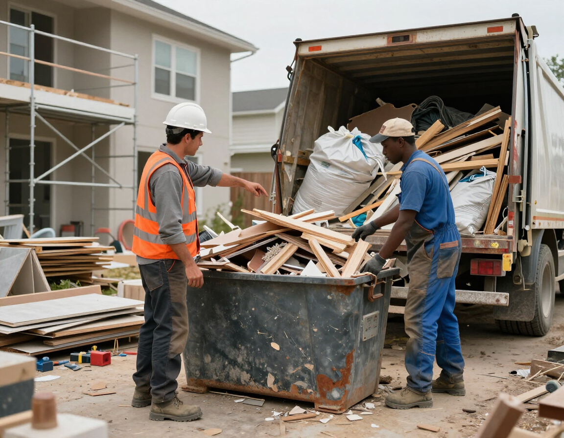 Contractor coordinating with a debris removal crew at a remodeling job site