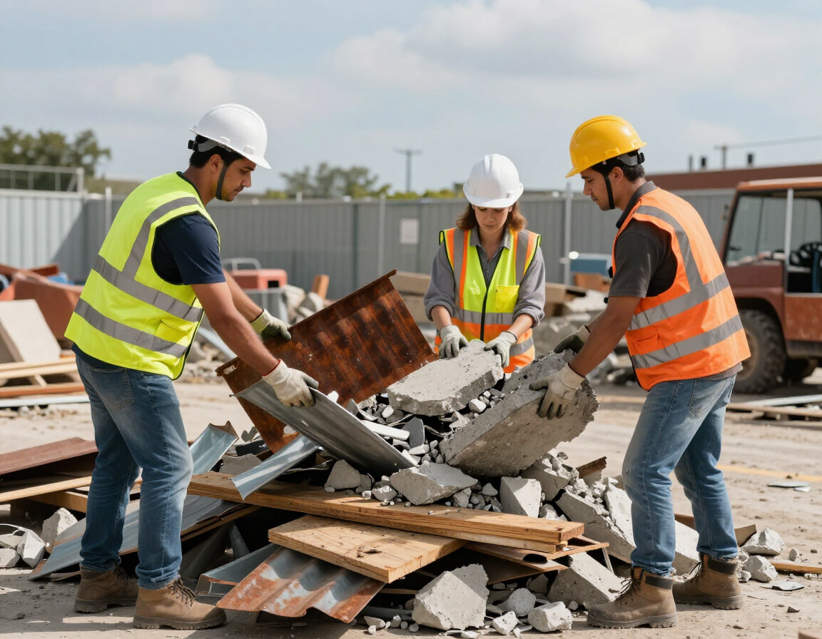 Workers sorting recyclable construction materials like metal, concrete, and lumber on-site