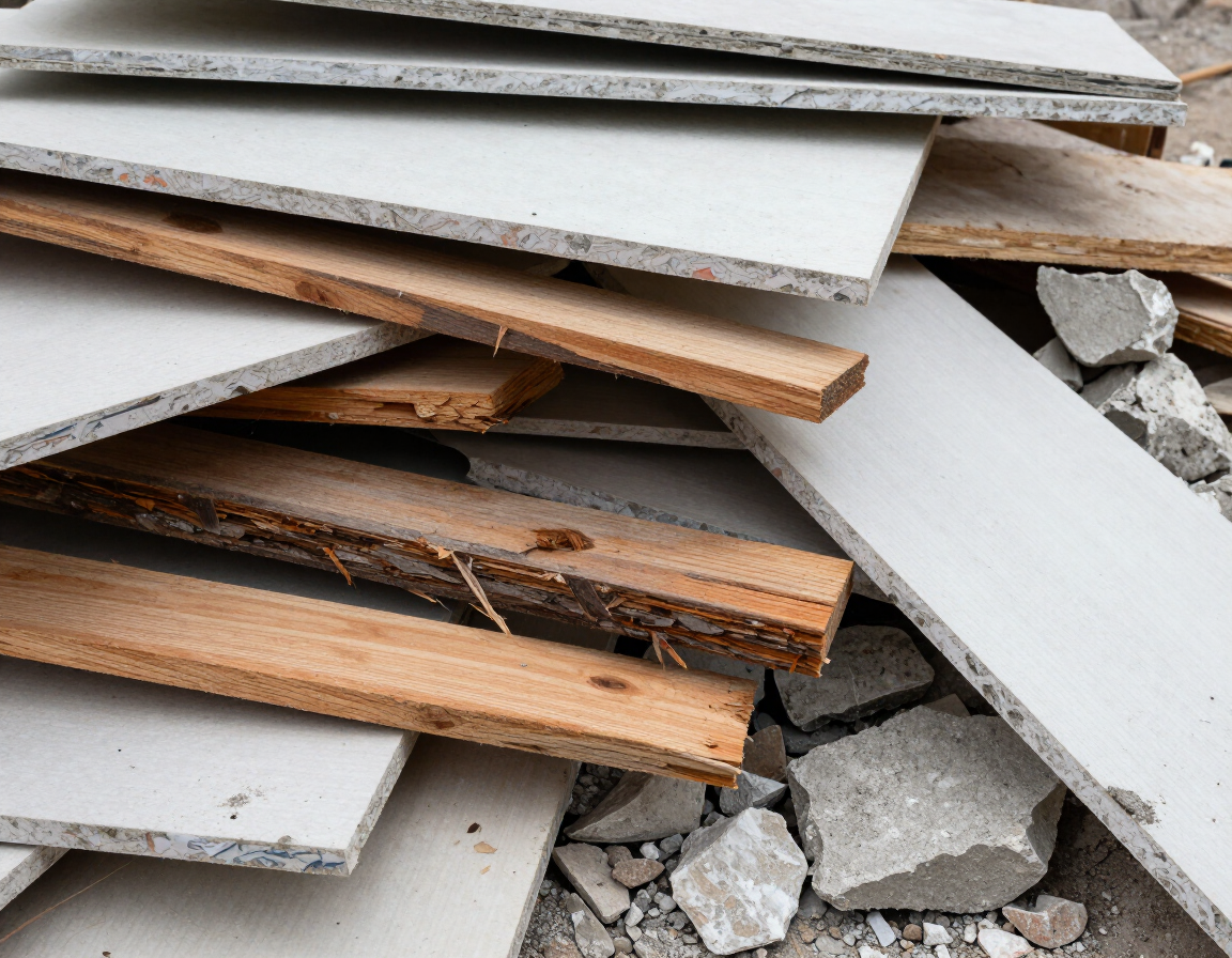 Pile of construction debris including drywall, lumber, and concrete rubble ready for removal