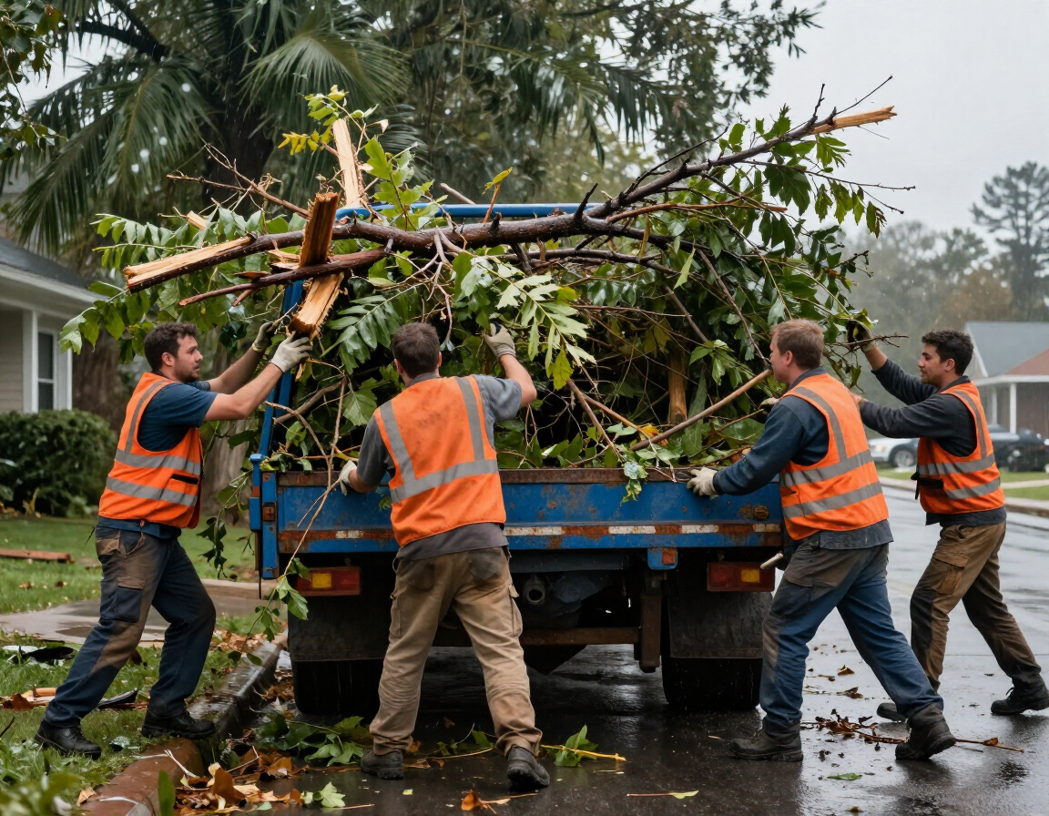 Workers in orange vests move storm debris into a truck on a wet street.