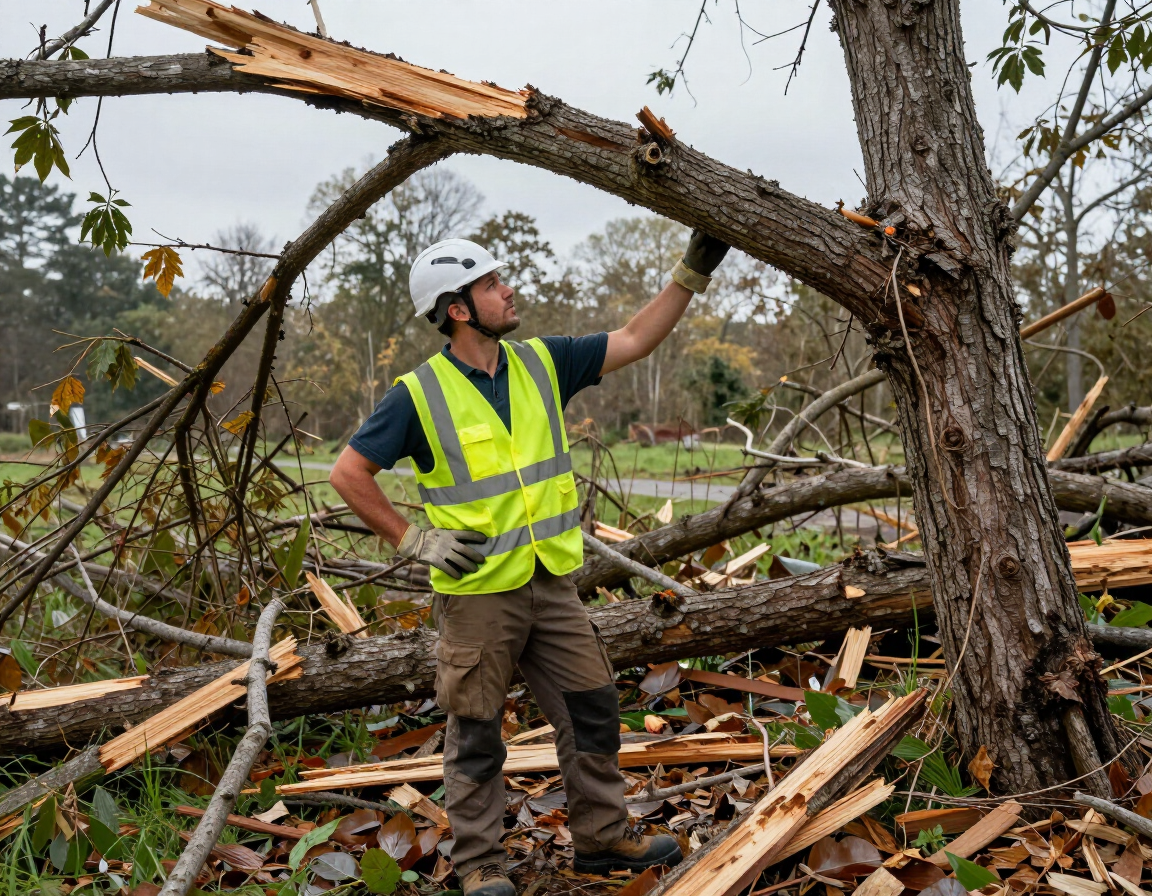 Crew with equipment clearing major storm damage across an entire yard