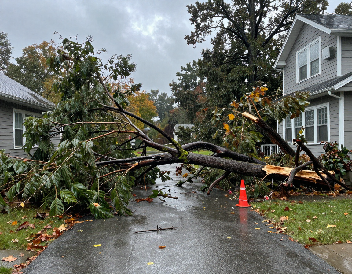 Worker performing routine yard debris removal on an overgrown lawn