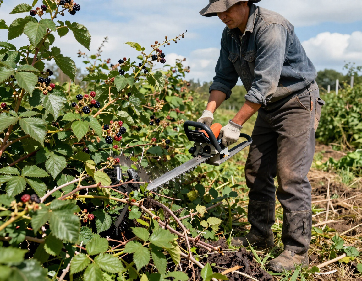 Person using a chainsaw to cut overgrown blackberry bushes in a field under a sunny sky