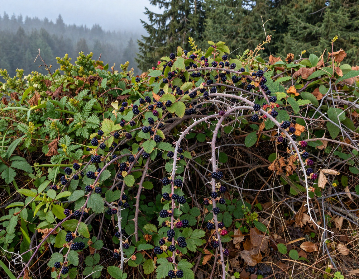 Dense blackberry brambles and overgrown brush on a rural Oregon property