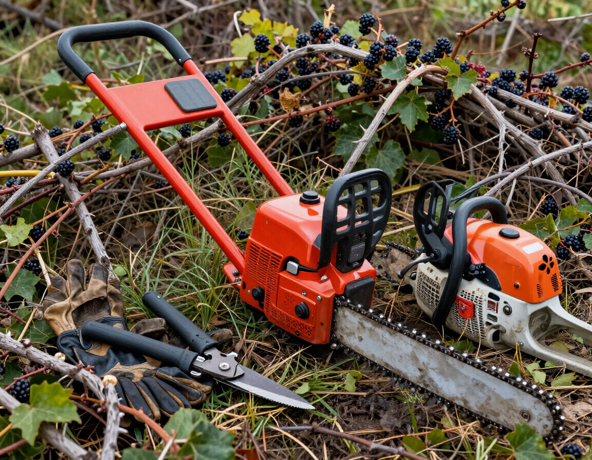 Heavy brush cutting equipment matched to the scope of a blackberry clearing job