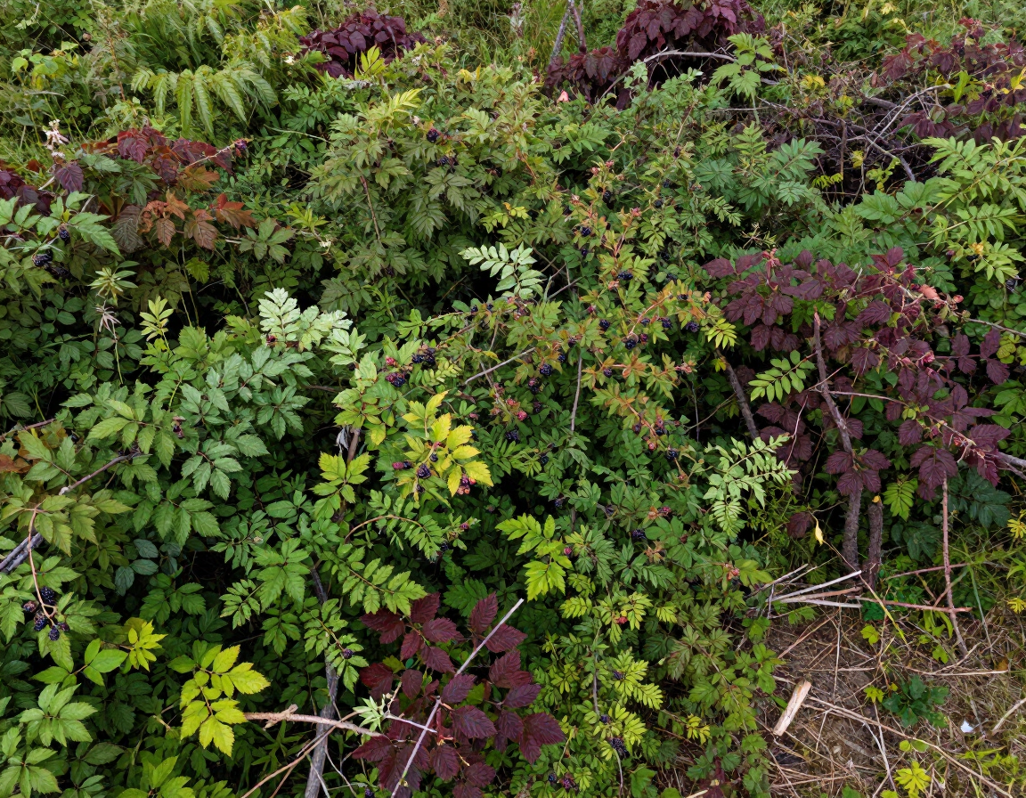 Dense green and purple foliage covering a garden bed