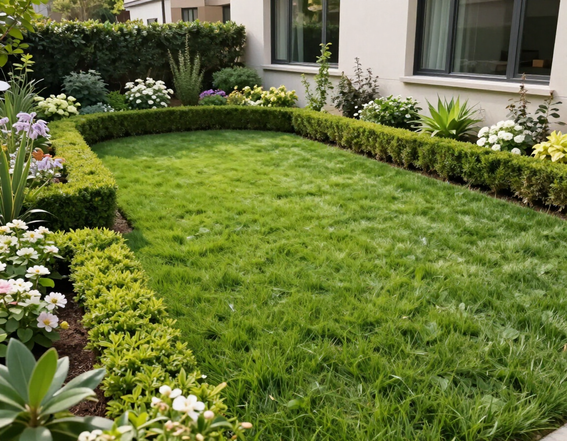 Beautifully manicured lawn and garden beds with trimmed hedges