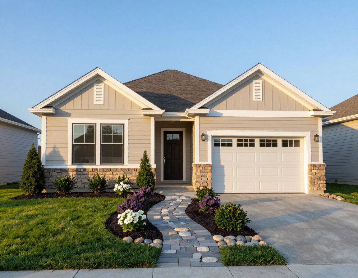 Single-story beige house with a front porch, garage, and landscaped walkway at dusk