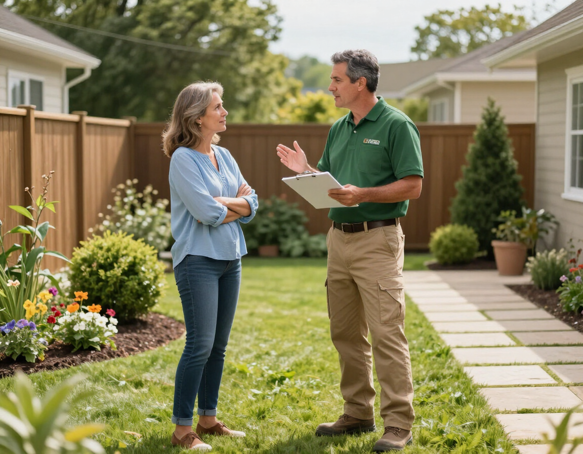 Landscaper discussing a free estimate with a homeowner in their yard