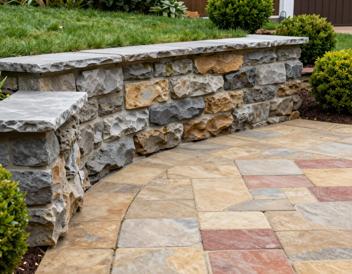 Stone retaining wall and paver walkway hardscaping in a backyard