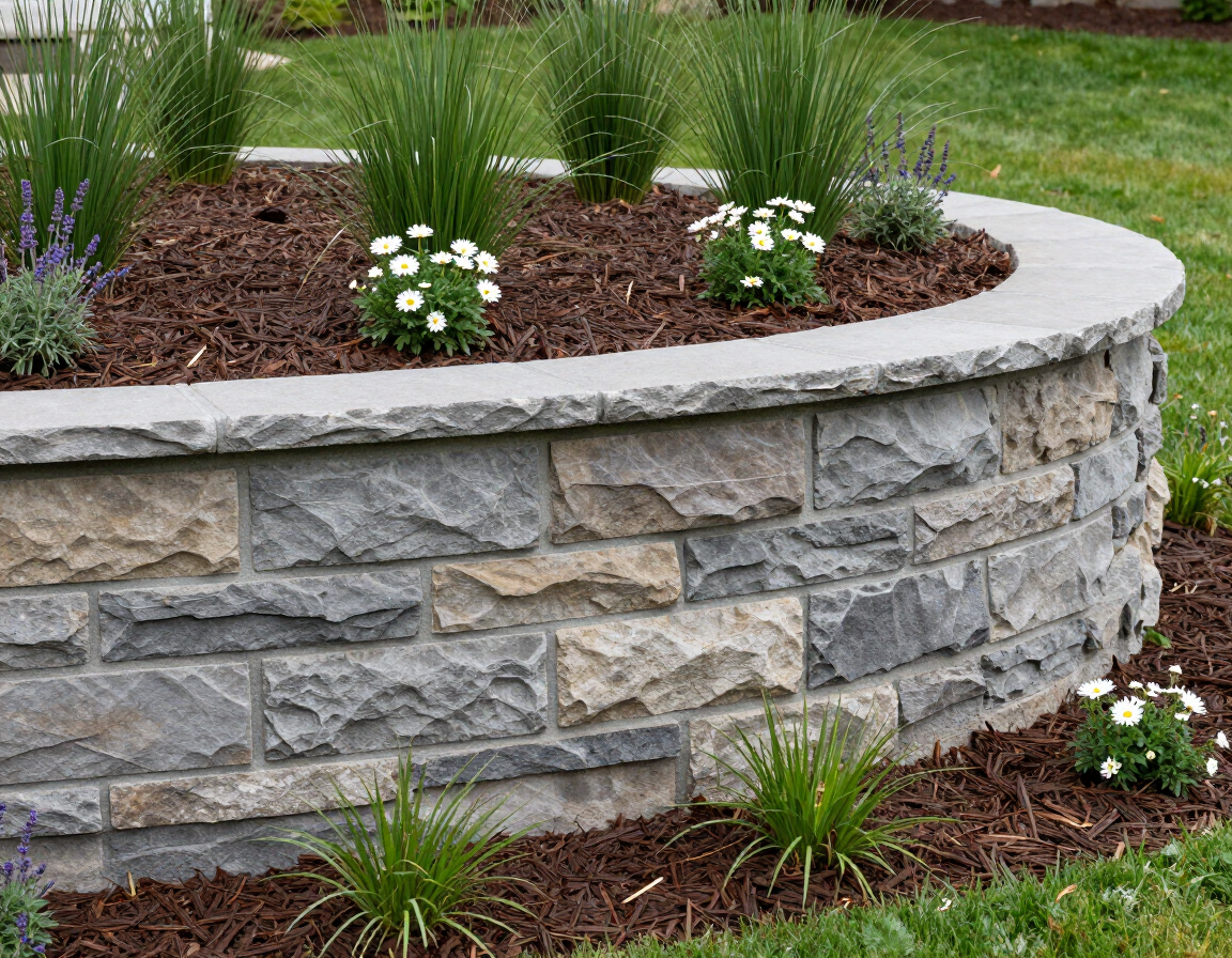 Curved stone retaining wall with mulch and white flowers in a landscaped garden