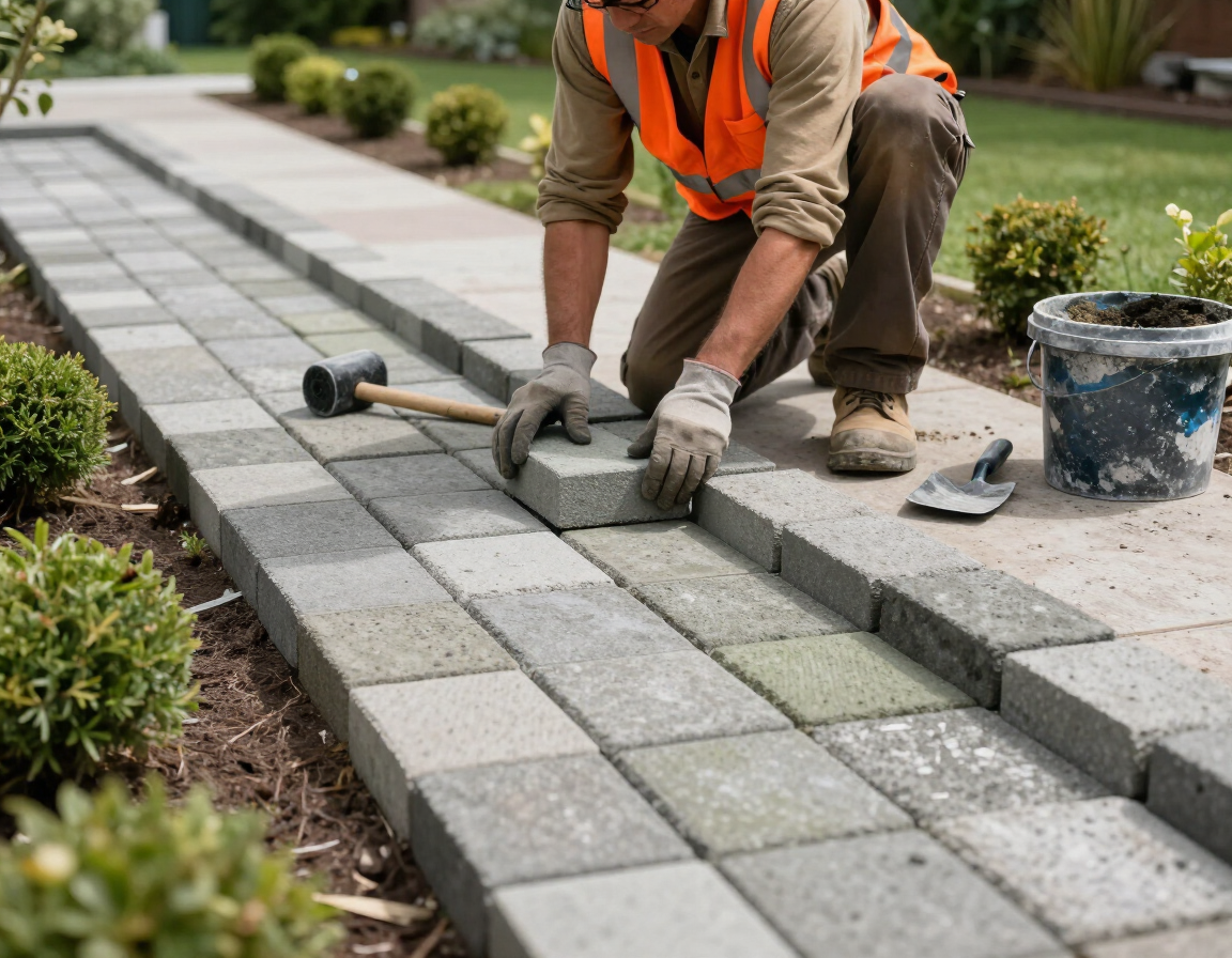 Worker laying gray paving stones beside a garden path with tools and a bucket nearby