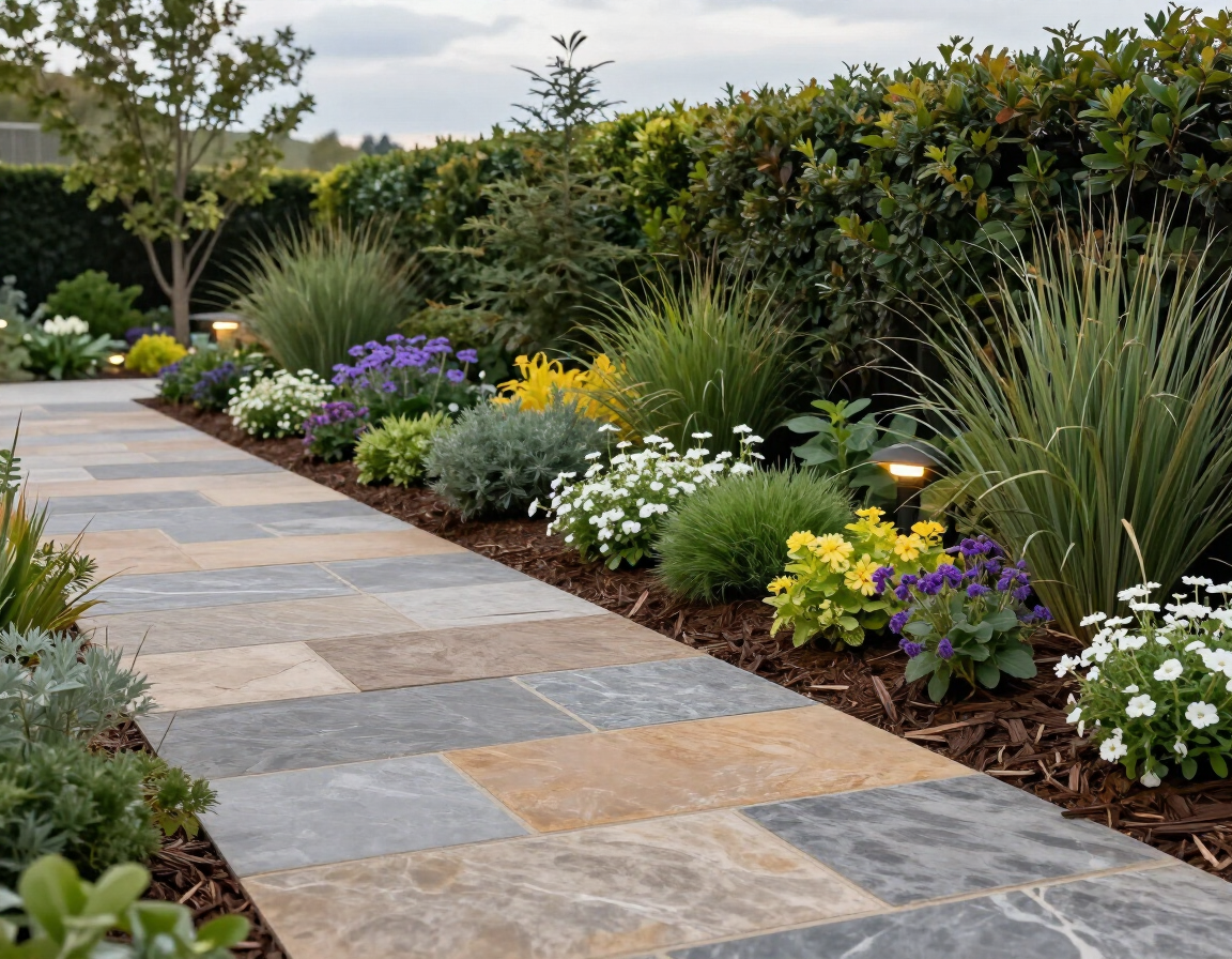Hardscape walkway integrated with garden beds and landscaping design