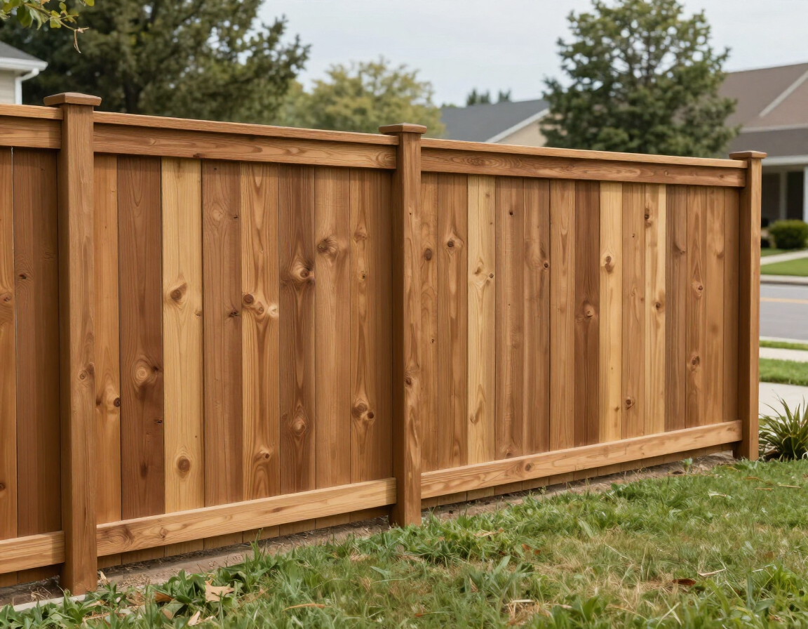 Wooden privacy fence with vertical boards and posts along a grassy yard, with houses and trees in the background