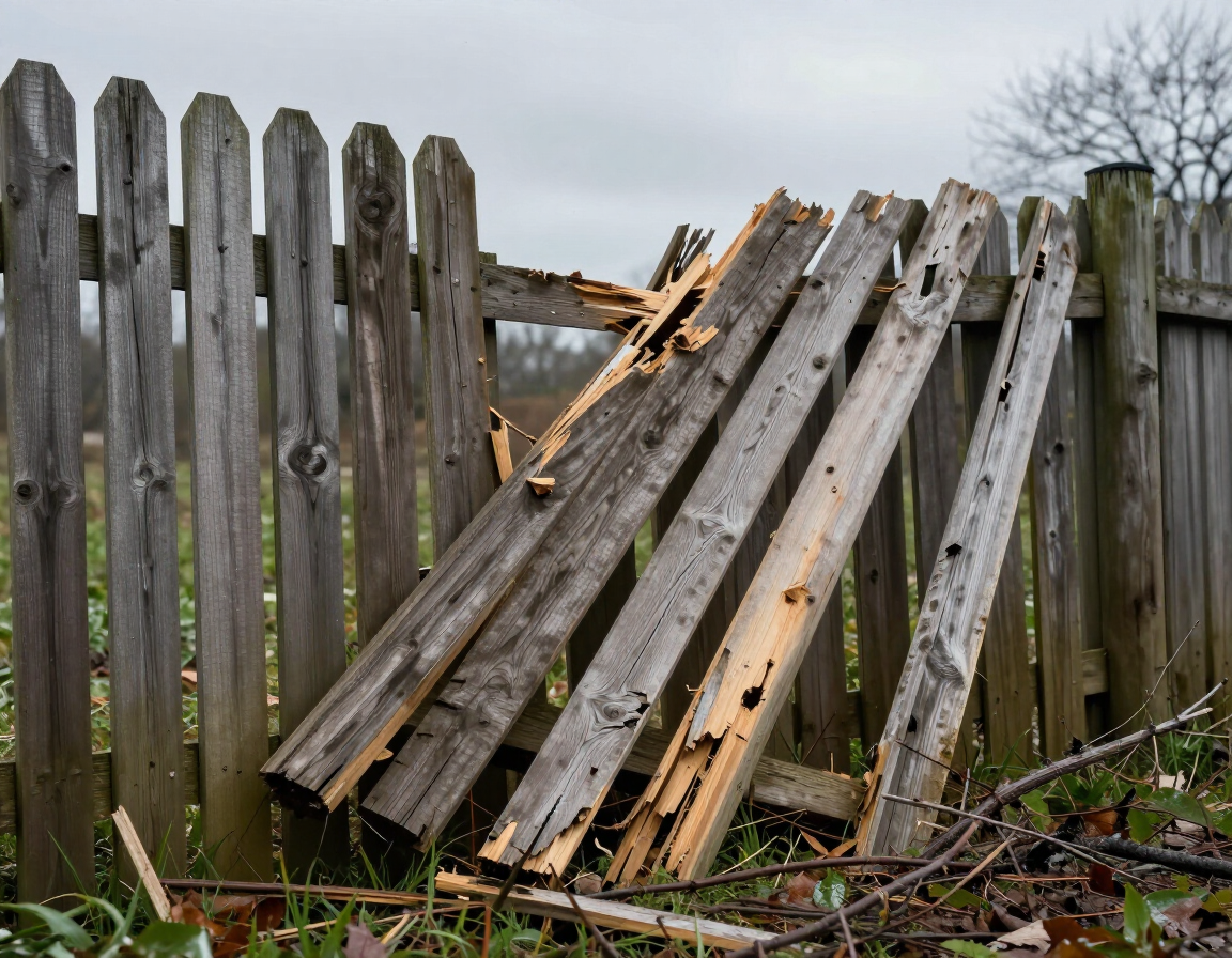 Broken wooden fence panels leaning against a weathered fence in a yard