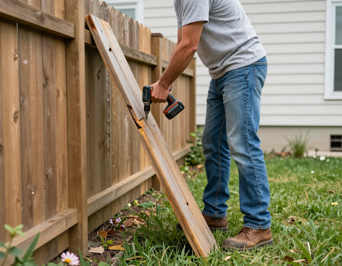 Worker repairing a leaning wooden privacy fence in a residential backyard