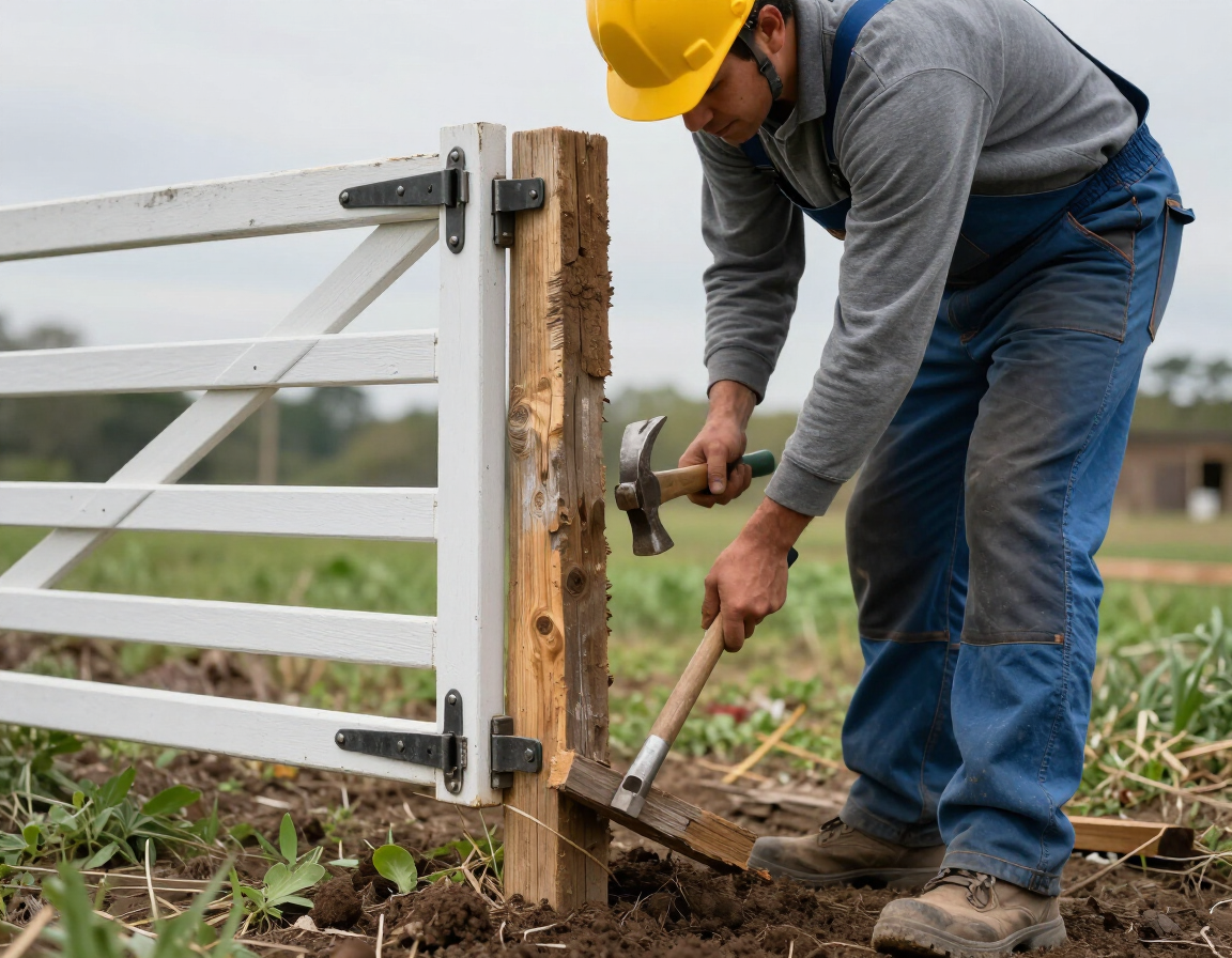 Worker replacing a broken fence post and realigning a gate