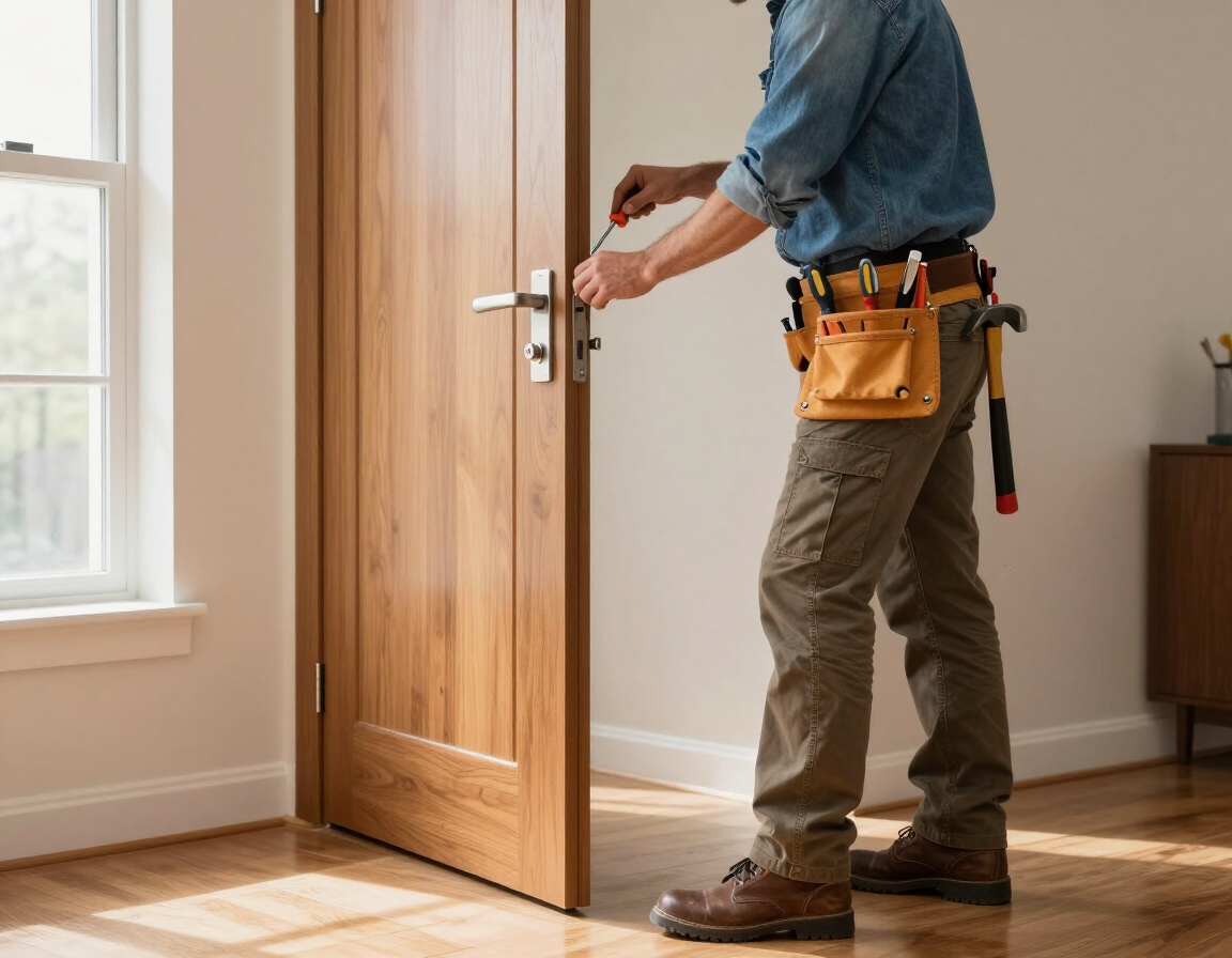 Handyman with a tool belt repairing a door in a home