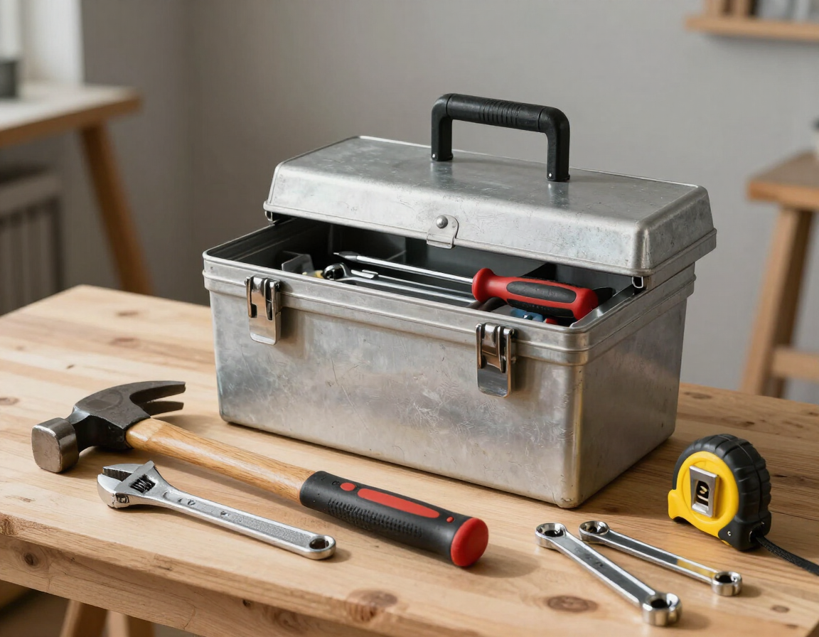 Metal toolbox open on a wooden workbench with a hammer, wrench, screwdriver, and tape measure nearby