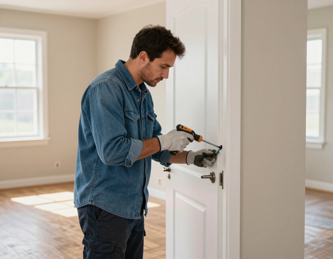 Man drilling a lock on a white interior door in a bright, empty room