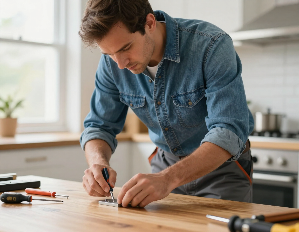 Man using a screwdriver to install a small fixture on a wooden tabletop in a bright kitchen