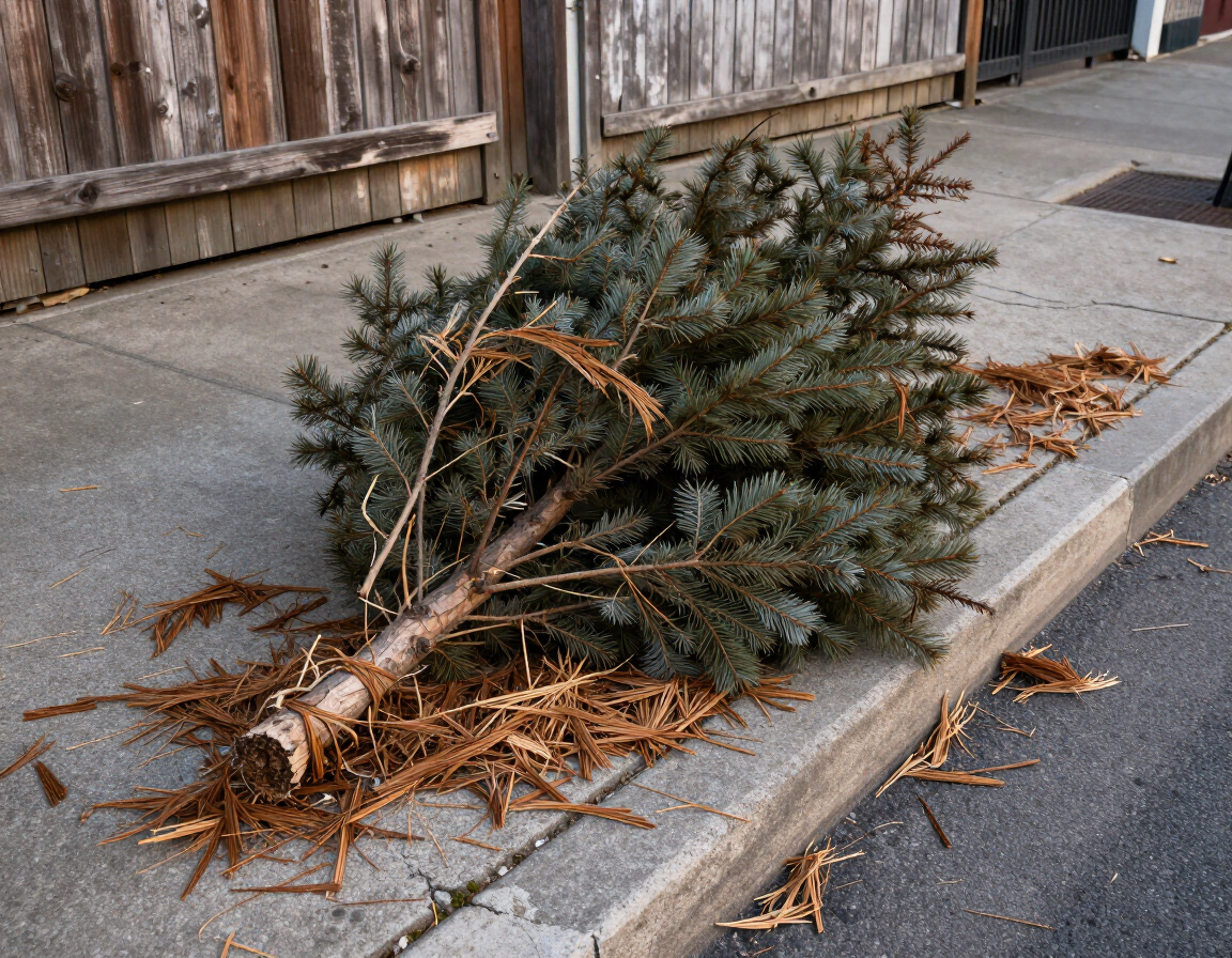 Uprooted evergreen tree branch lying on a curb beside a street and wooden fence