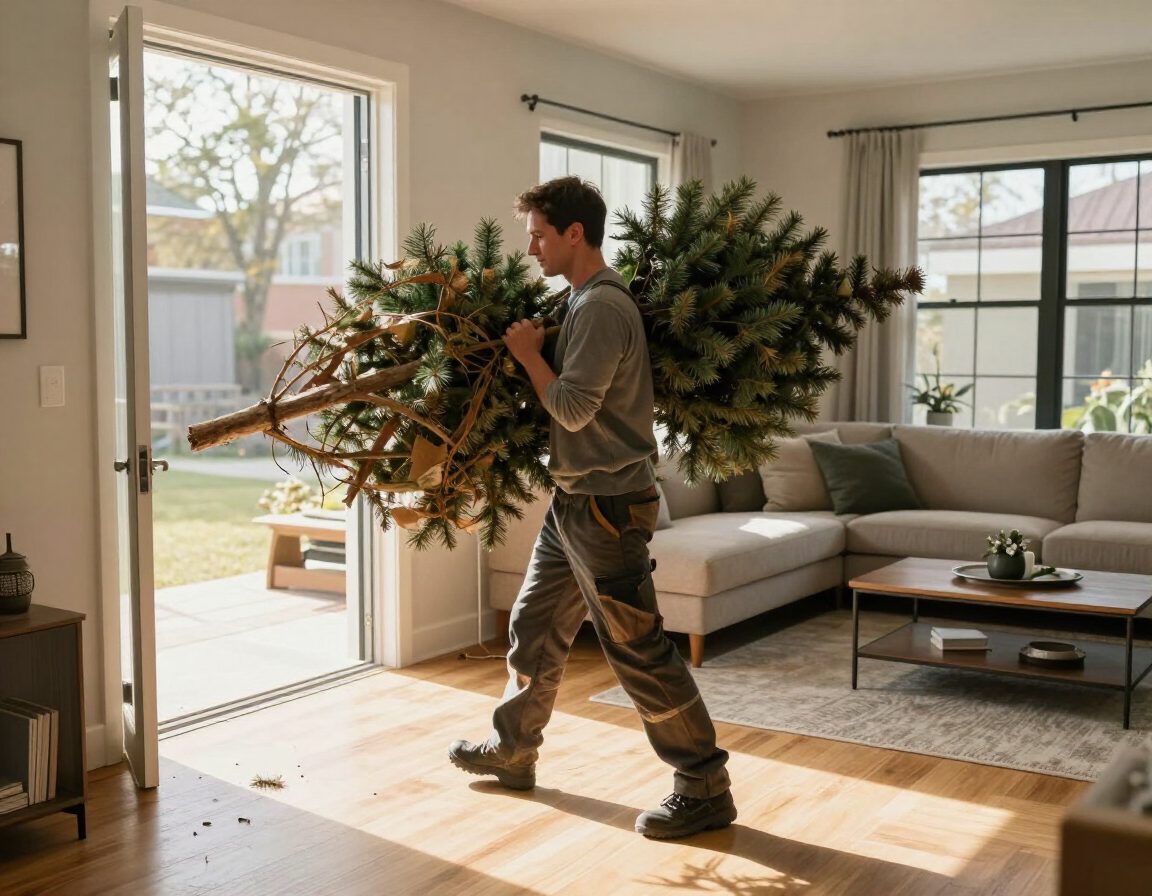 Worker hauling away a dried out Christmas tree after the holidays