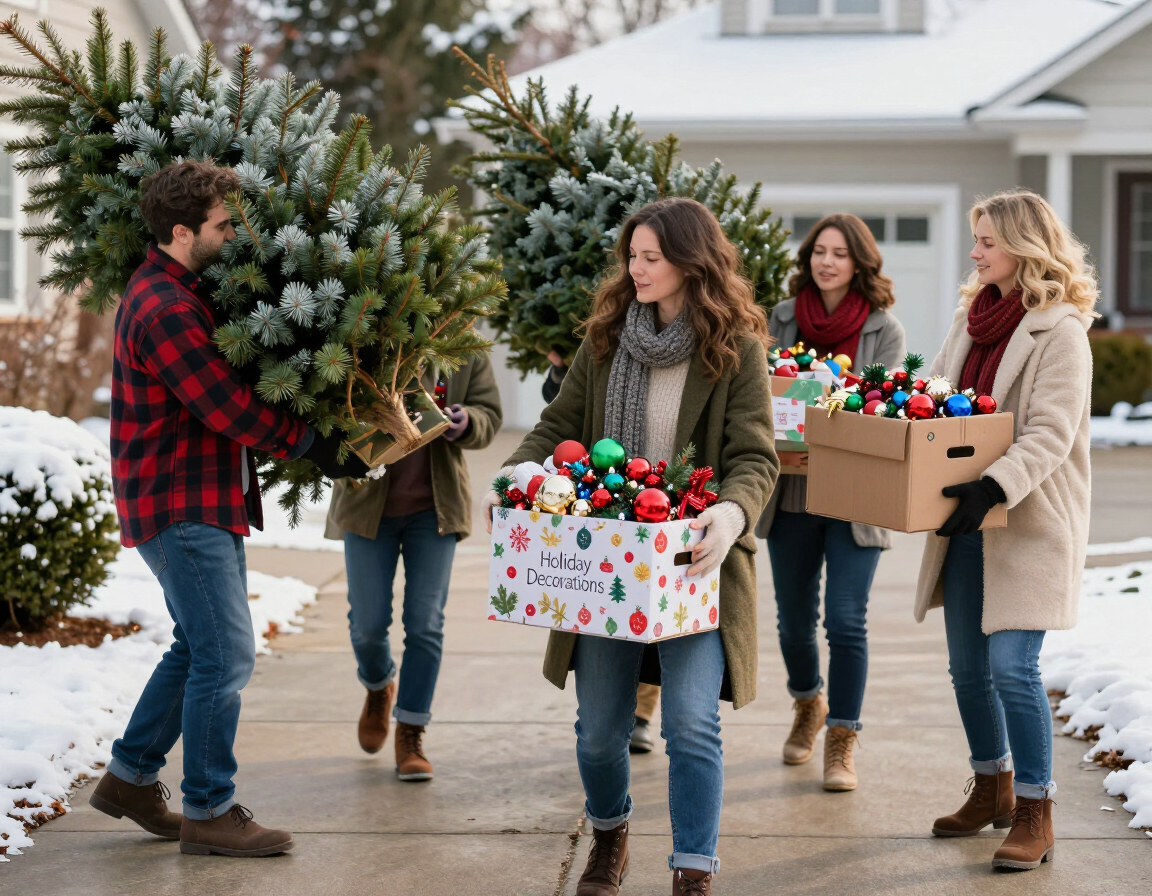 Crew hauling away a Christmas tree along with holiday boxes and clutter