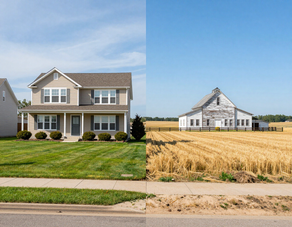 In-town residential lot and rural acreage property, both covered by the service area