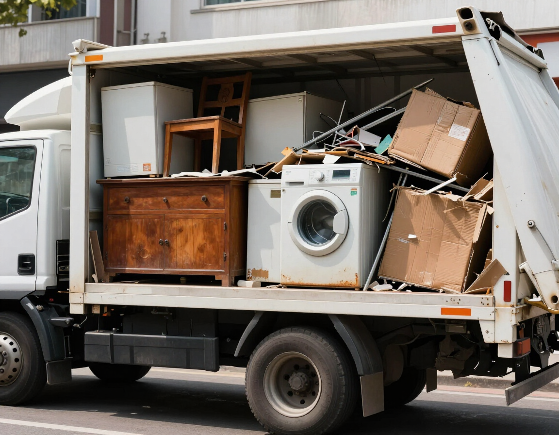 Full-service junk removal truck loaded with furniture, appliances, and debris