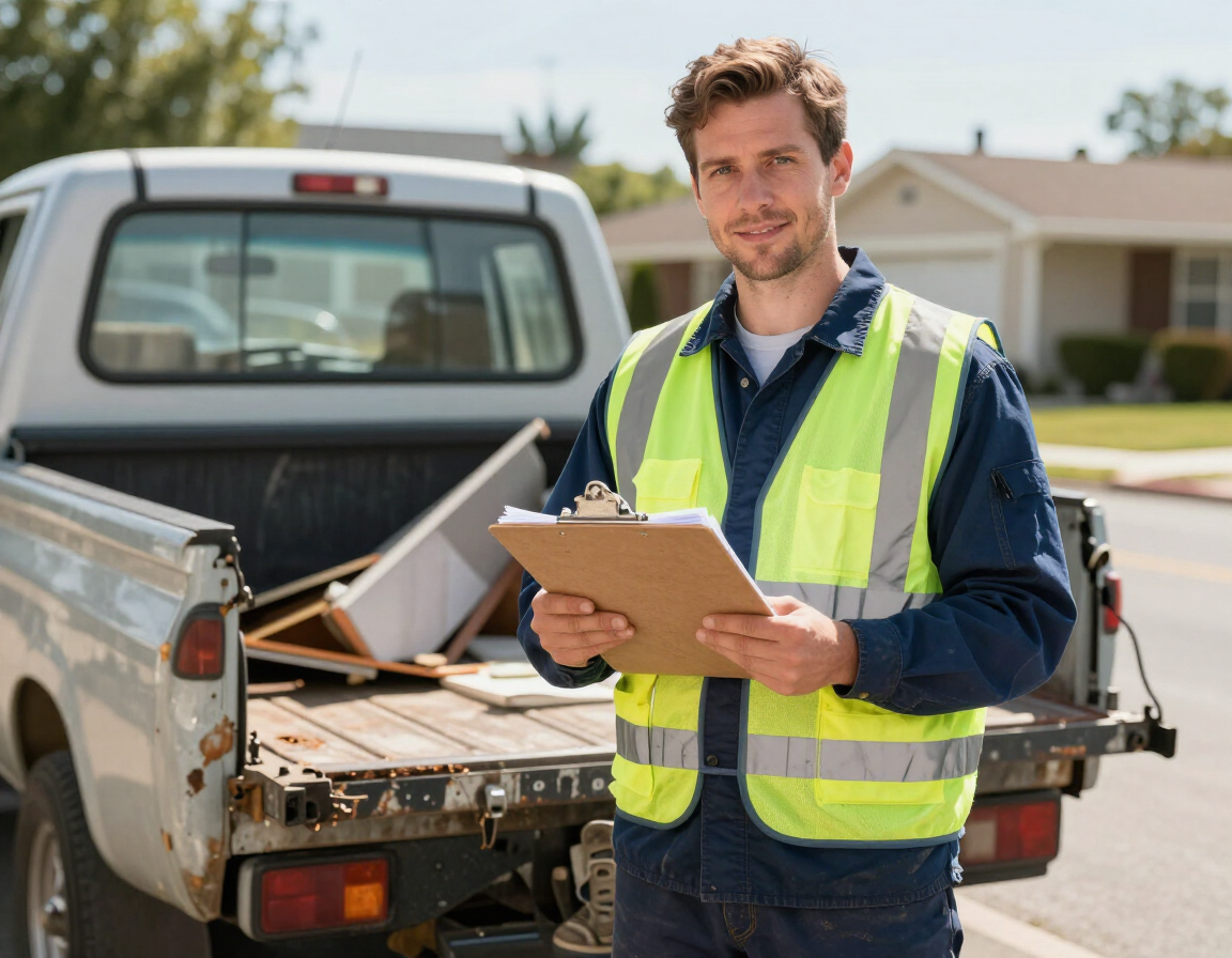 Worker providing a free, honest estimate before starting junk removal