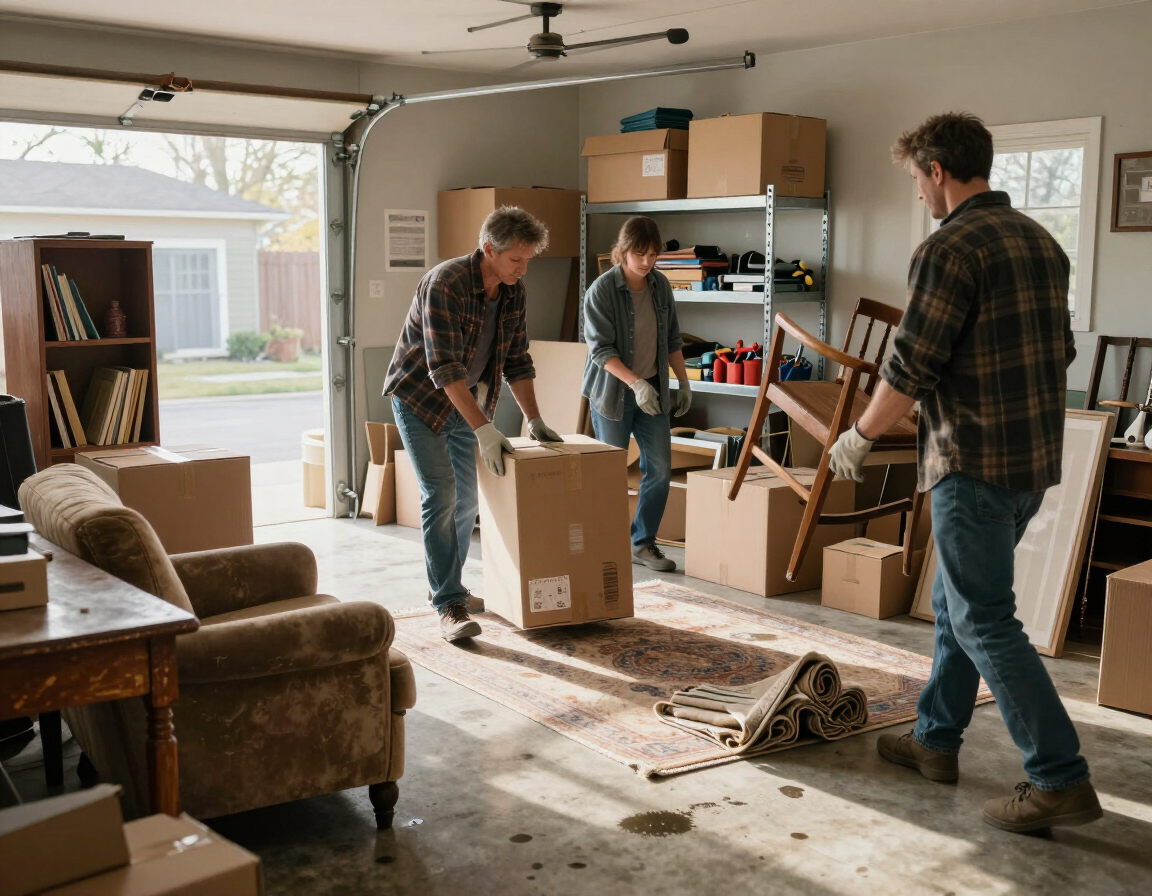 Three people unpacking boxes in a garage with moving supplies and furniture.