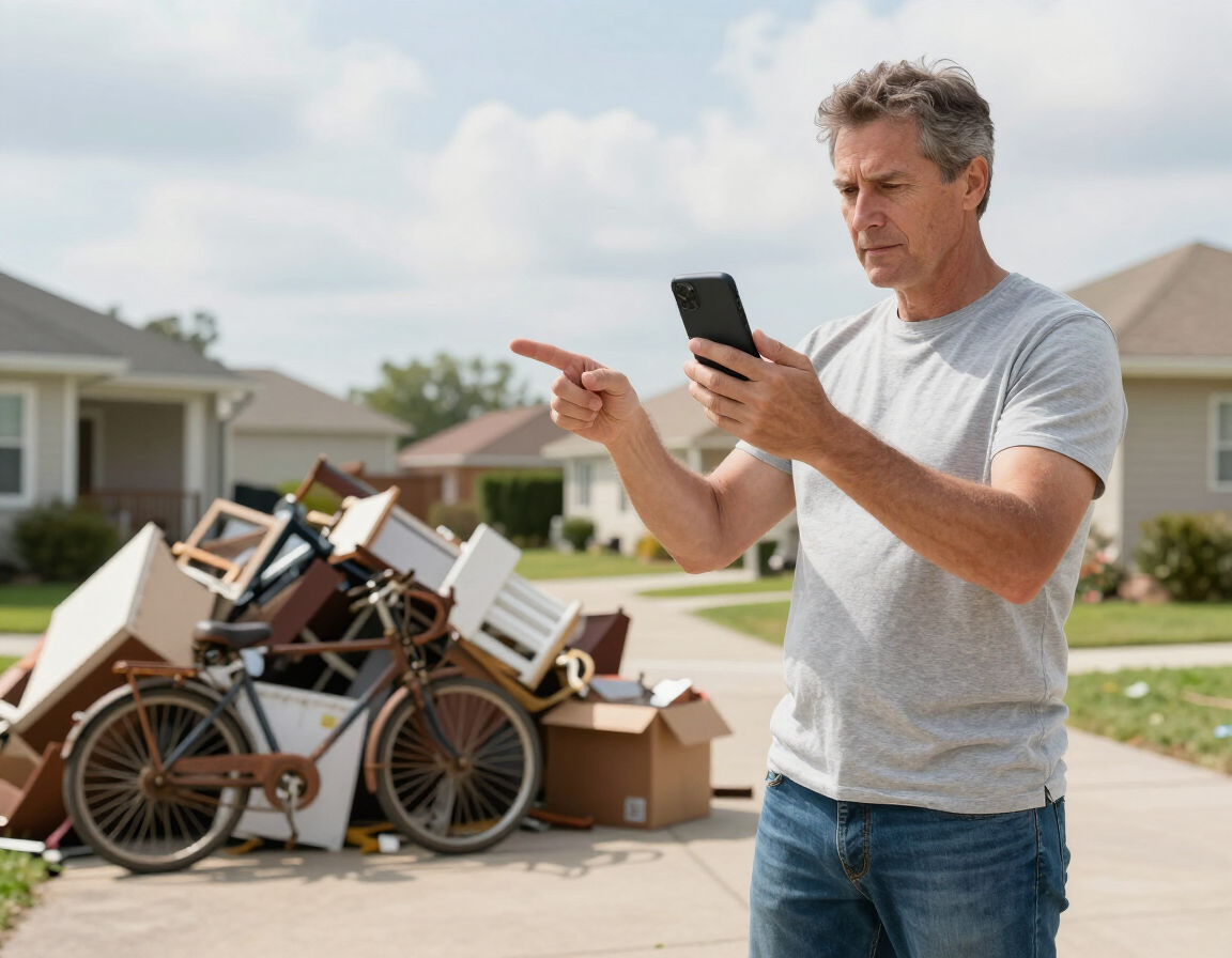 Homeowner sending a photo for a free, same-day junk removal estimate