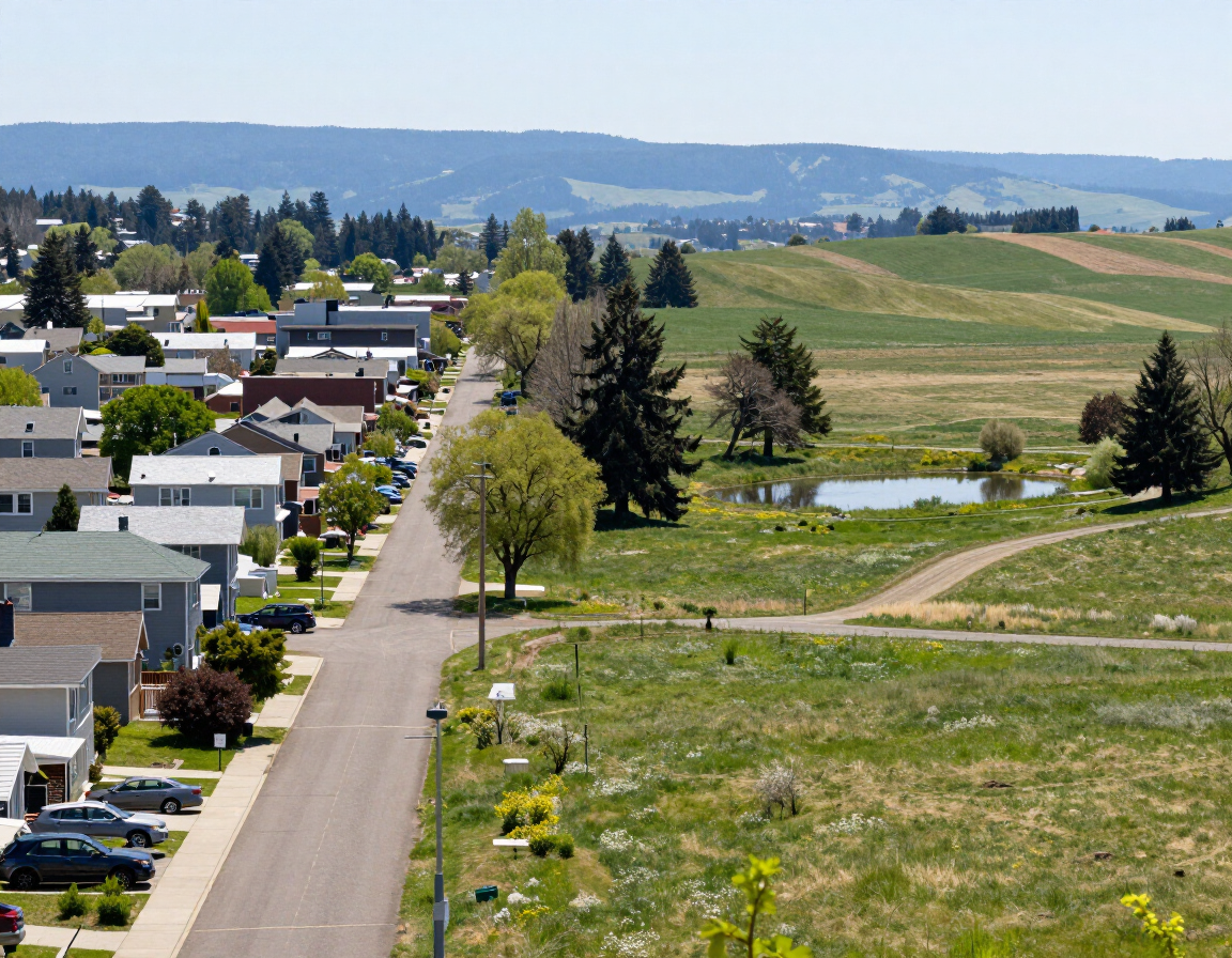 Suburban street beside green fields and trees under a clear sky