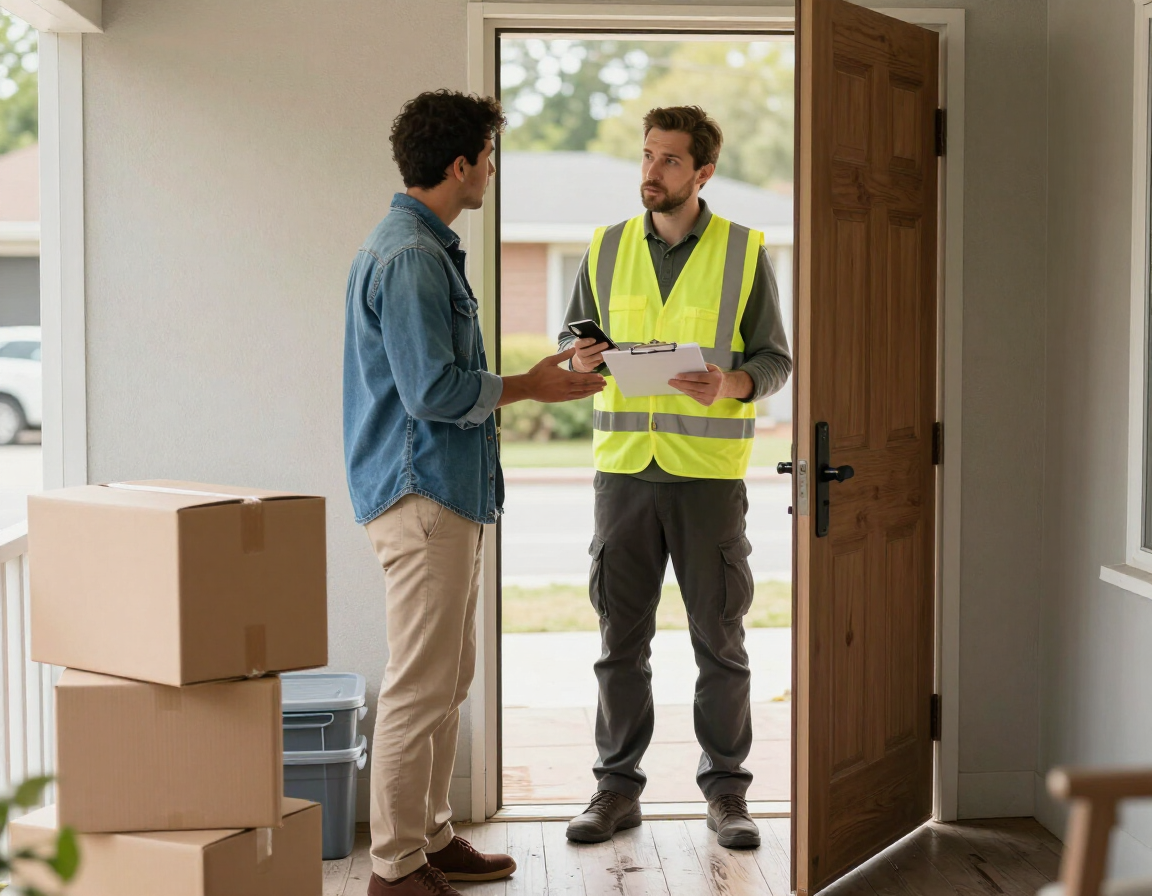 Two men talking at an open front door, one in a hi-vis vest, with moving boxes inside.