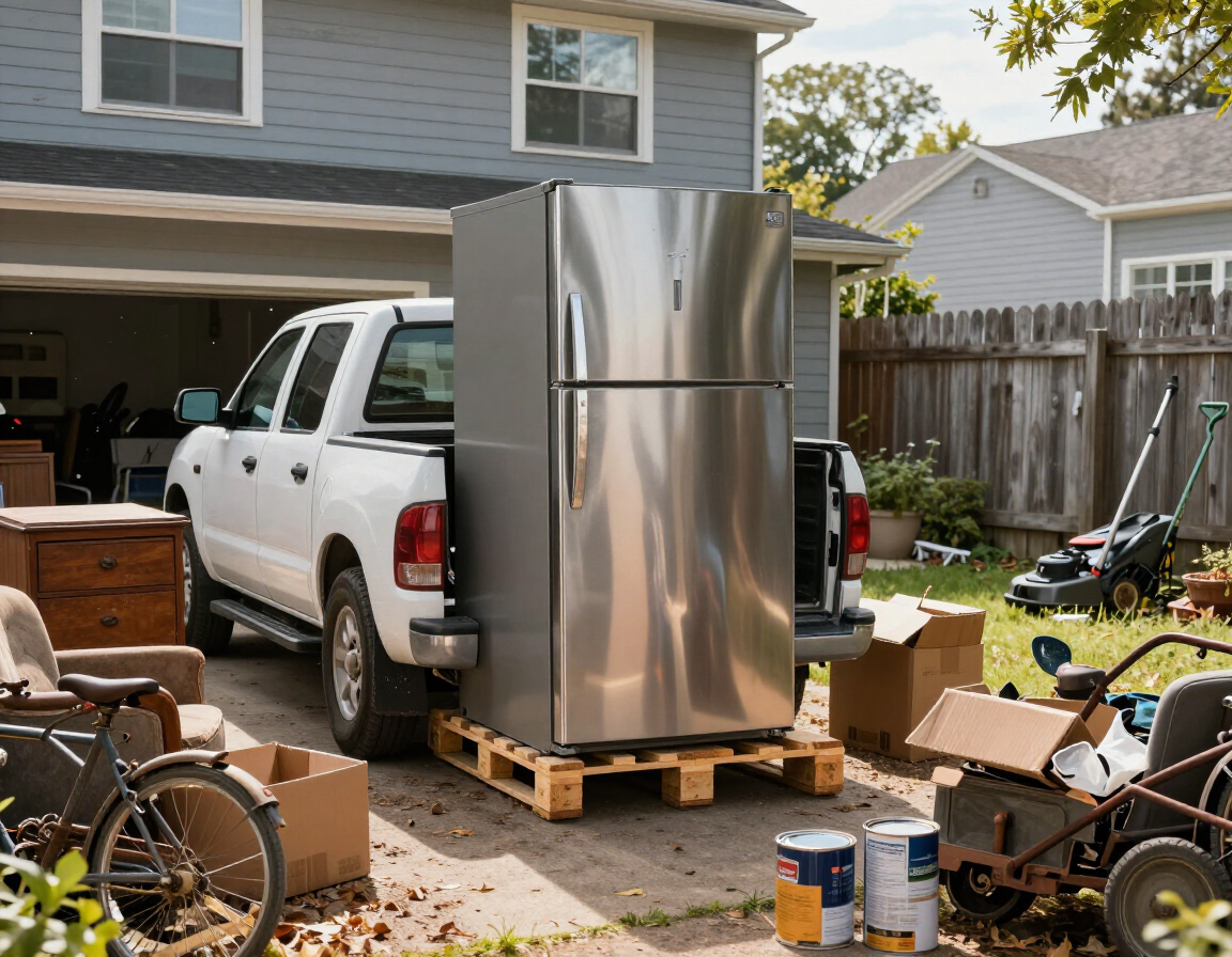 White pickup with stainless refrigerator on pallet in a suburban driveway, surrounded by tools and moving boxes