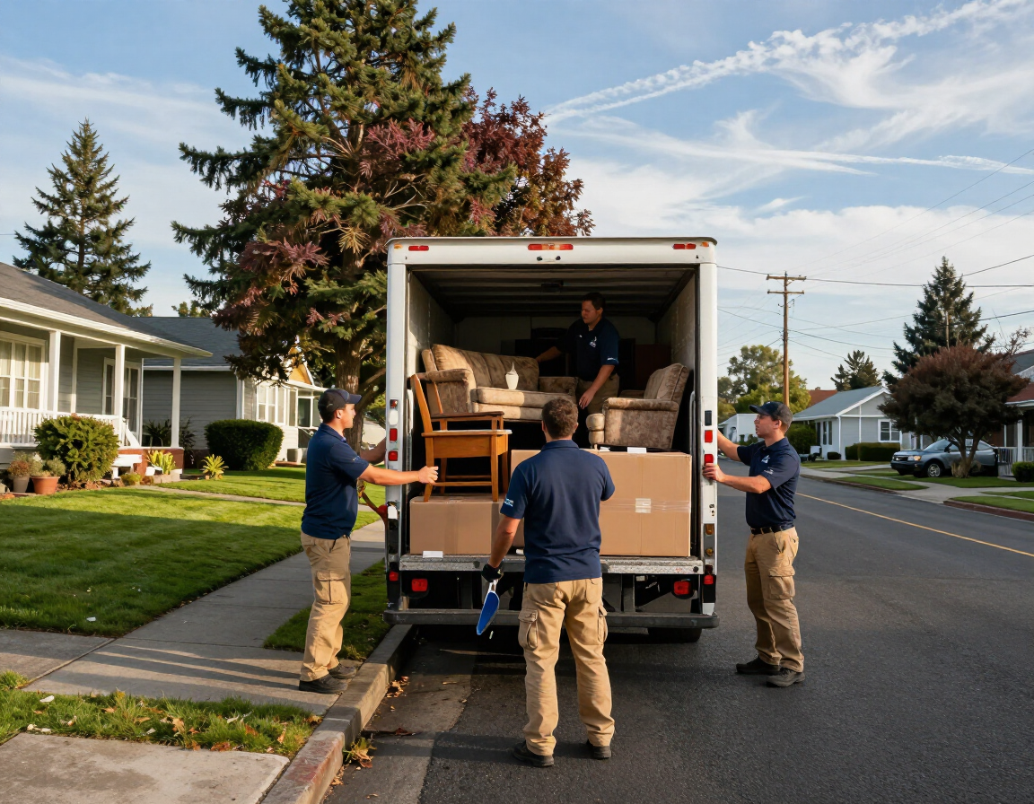 Junk removal crew loading furniture into a truck in a Medford neighborhood