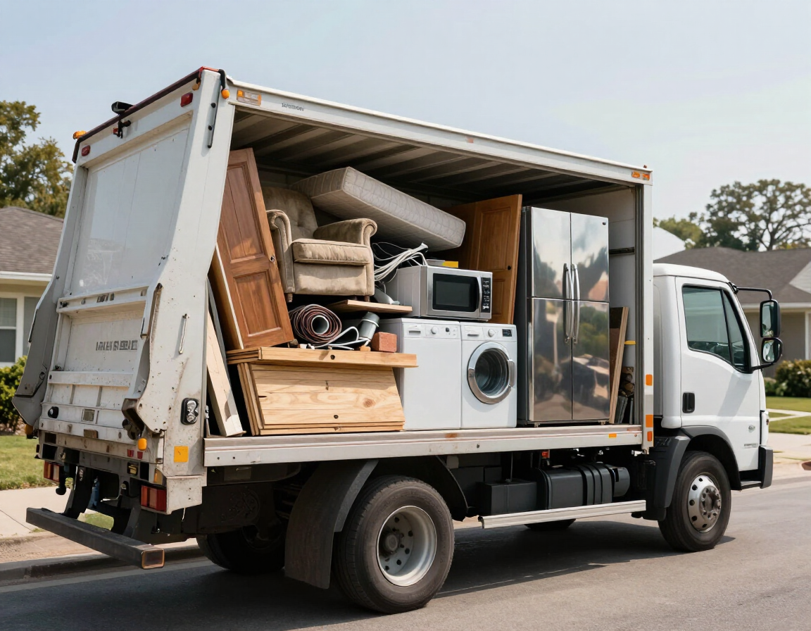 Full-service junk removal truck loaded with furniture, appliances, and debris