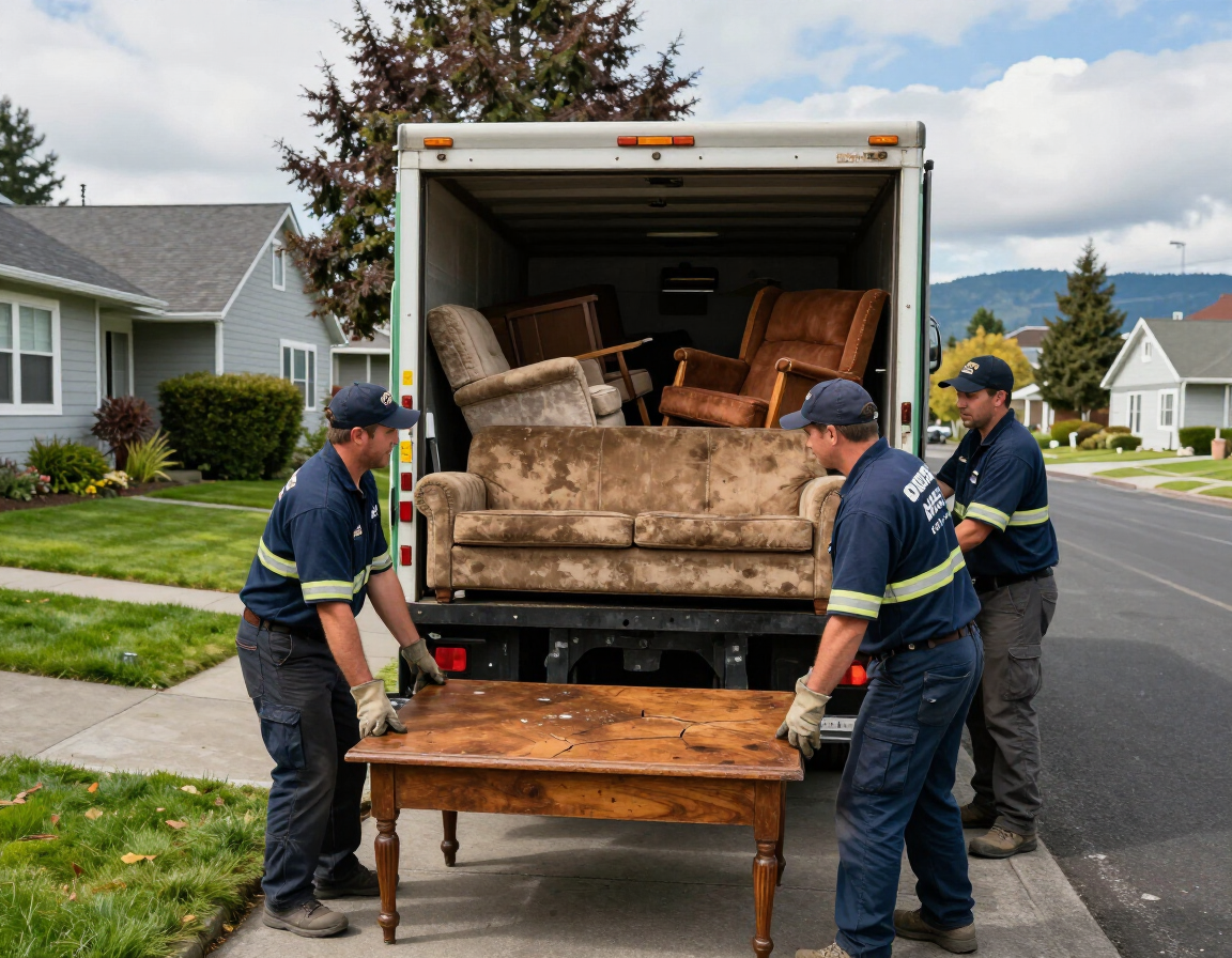 Junk removal crew loading furniture into a truck in a Central Point neighborhood