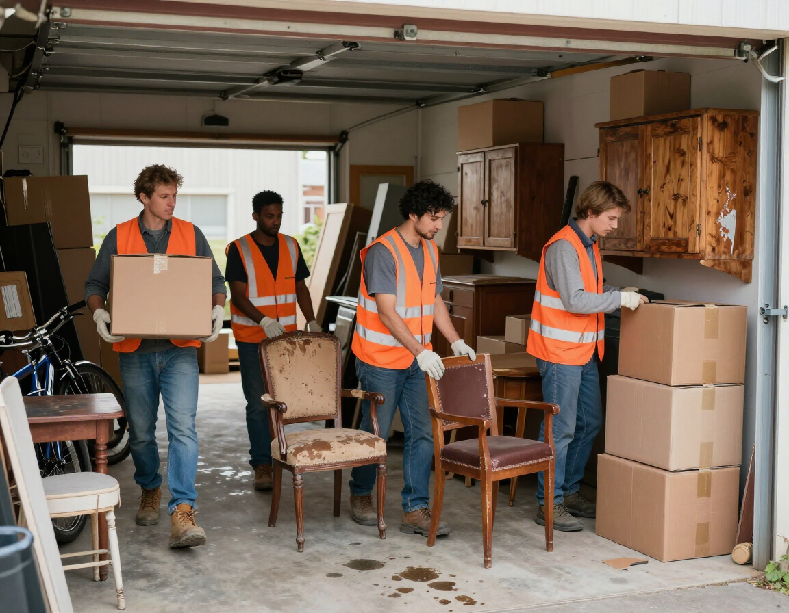 Four movers in orange safety vests carry boxes through a garage filled with furniture and packed moving boxes