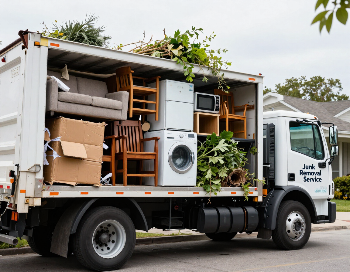 Moving truck packed with furniture, boxes, and plants, parked on a residential street