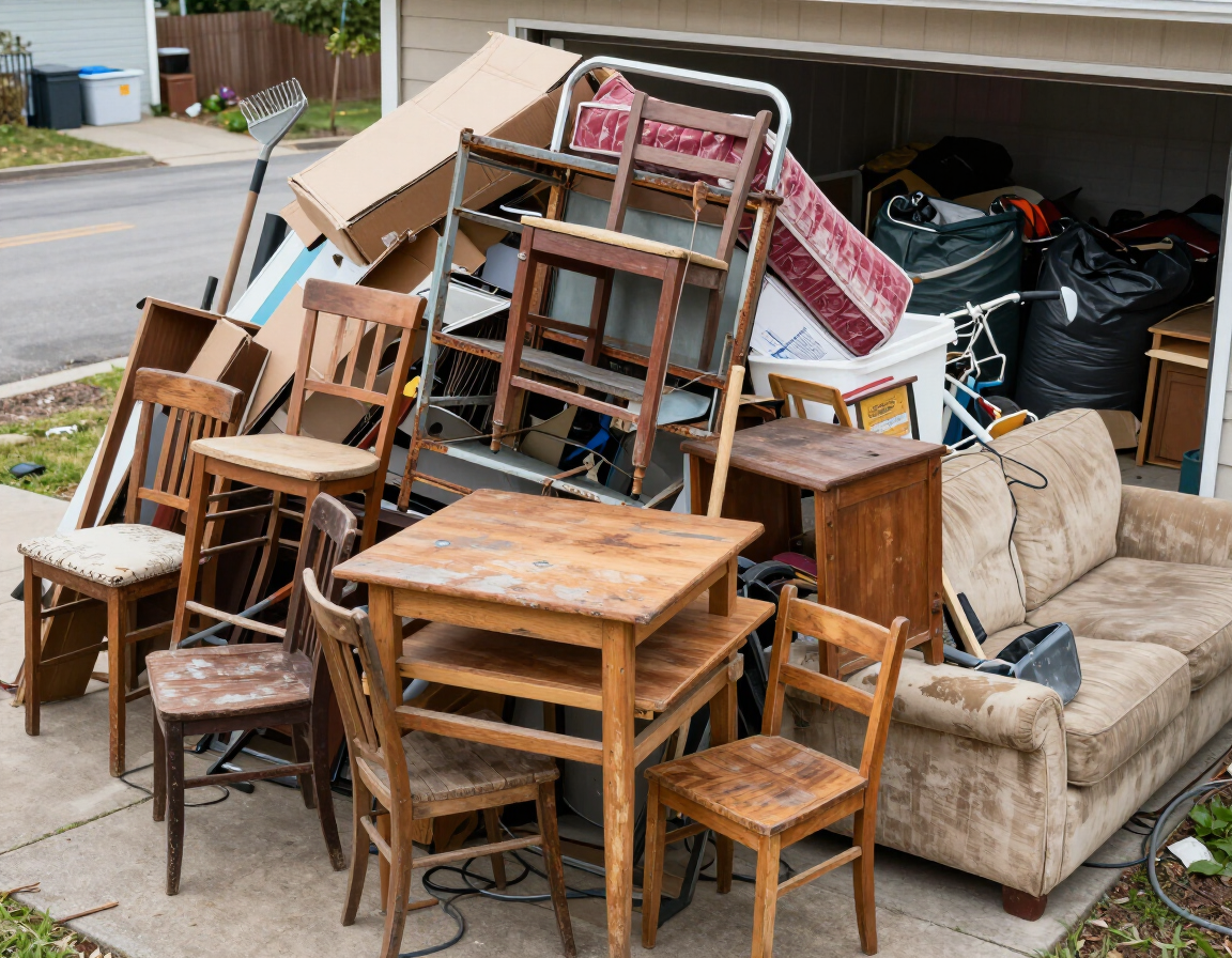 Pile of discarded furniture, including chairs, tables, and a sofa, stacked on a curb outside a home.