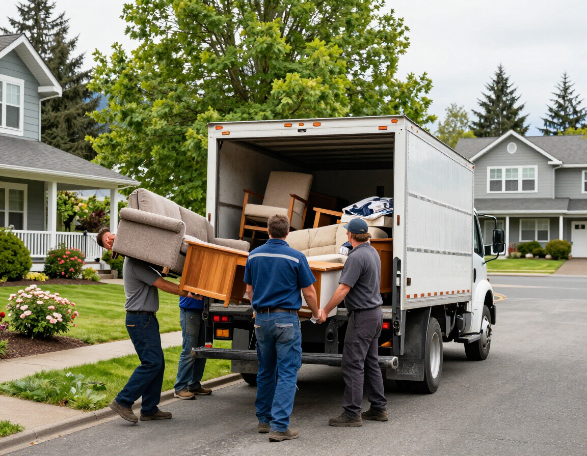 Movers unloading furniture from a white truck in a suburban neighborhood